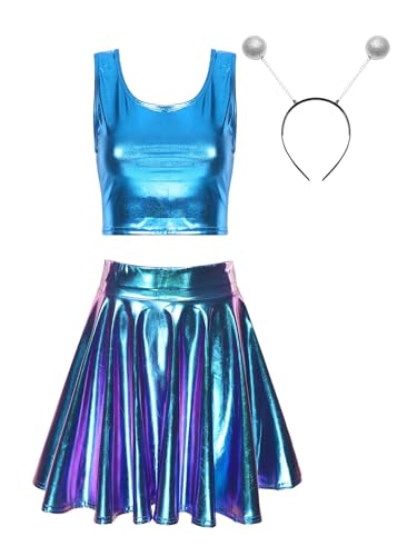 FEESHOW Damen Alien Kostüm Space Metallic Crop Tank Top Glitzer Mini Skater Rock Alien Haarreif Fasching Kostüm Holographic Festival Party Outfit Blau-lila S von FEESHOW