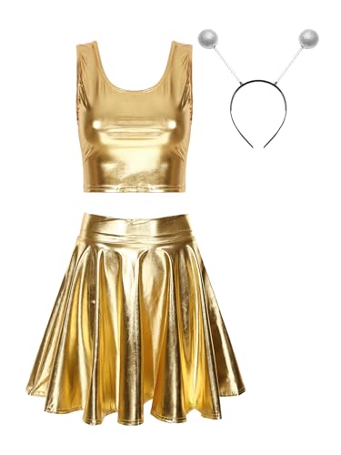 FEESHOW Damen Alien Kostüm Space Metallic Crop Tank Top Glitzer Mini Skater Rock Alien Haarreif Fasching Kostüm Holographic Festival Party Outfit Gold L von FEESHOW