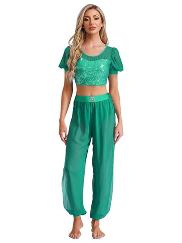 FEESHOW Damen Araber Prinzessin Kostüm Pailletten Crop Top Hose Set Märchen Cosplay Halloween Fasching Kostüm Party Tanzanzug Grün S von FEESHOW