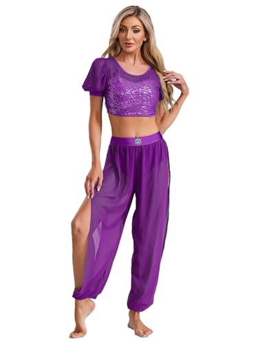 FEESHOW Damen Araber Prinzessin Kostüm Pailletten Crop Top Hose Set Märchen Cosplay Halloween Fasching Kostüm Party Tanzanzug Violett L von FEESHOW