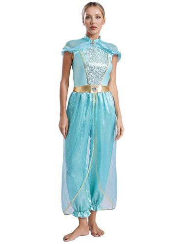 FEESHOW Damen Arabische Märchen Prinzessin Kostüm Orient Kleidung Cosplay Overall Frauen Fasching Halloween Kostüm Party Tanzkleidung Hellblau XXL von FEESHOW