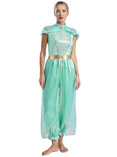 FEESHOW Damen Arabische Märchen Prinzessin Kostüm Orient Kleidung Cosplay Overall Frauen Fasching Halloween Kostüm Party Tanzkleidung Minzgrün 4XL von FEESHOW