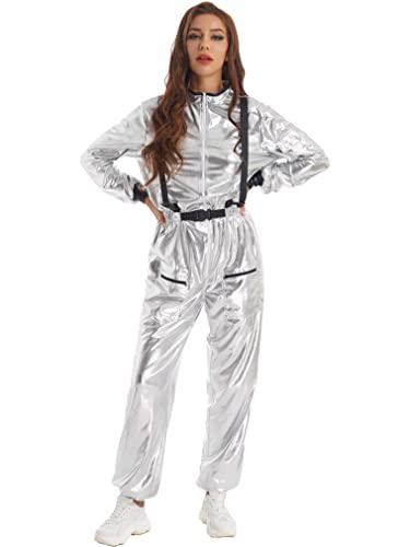 FEESHOW Damen Astronauten Kostüm Raumfahrer Overall Metallic Weltraum Kostüm Fasching Karneval Space Travel Party Cosplay Outfit Silber 3XL von FEESHOW