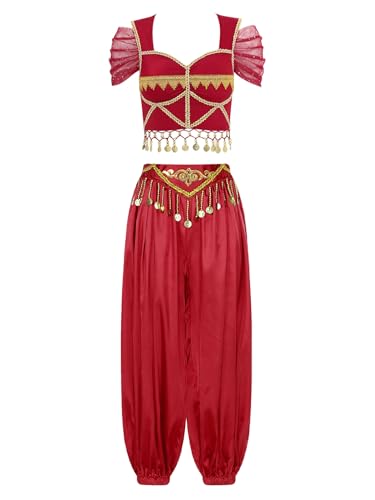 FEESHOW Damen Bauchtanz Kostüm Bauchtänzerin Oberteil Hose Set Orientalische Indisches Outfit Halloween Karneval Party Tanzkleidung Burgund M von FEESHOW