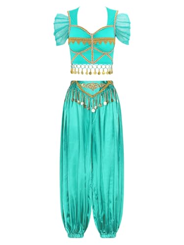 FEESHOW Damen Bauchtanz Kostüm Bauchtänzerin Oberteil Hose Set Orientalische Indisches Outfit Halloween Karneval Party Tanzkleidung Pfauenblau M von FEESHOW