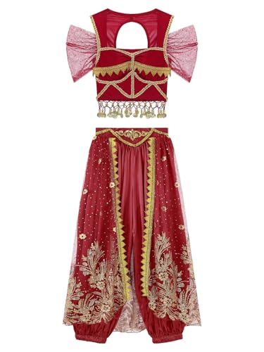 FEESHOW Damen Bauchtanz Kostüm Bauchtänzerin Oberteil Hose Set Orientalische Indisches Outfit Halloween Karneval Party Tanzkleidung Tüllrock-Burgund XL von FEESHOW