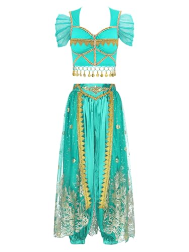 FEESHOW Damen Bauchtanz Kostüm Bauchtänzerin Oberteil Hose Set Orientalische Indisches Outfit Halloween Karneval Party Tanzkleidung Tüllrock-Pfauenblau L von FEESHOW