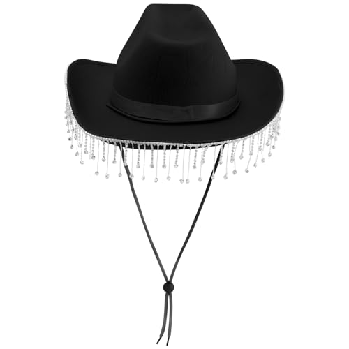 FEESHOW Damen Cowboyhut mit Strass Fransen Glitzer Cowgirl Hut Mütze Party Halloween Karneval Kostüm Zubehör Kopfbedeckung Schwarz Einheitsgröße von FEESHOW