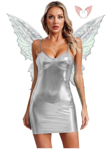 FEESHOW Damen Fee Kostüm Schmetterling Flügel Fee Ohren Metallic Holographic Kleid Set Glitzer Partykleid Fasching Karneval Kostüm Silber M von FEESHOW