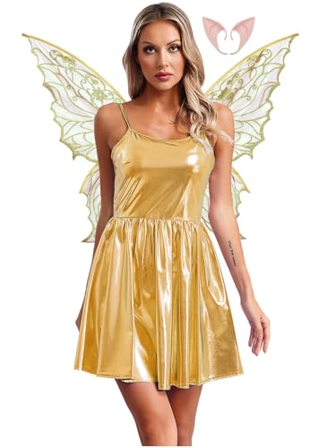 FEESHOW Damen Fee Kostüm Schmetterling Flügel Fee Ohren Metallic Holographic Mini Kleid Set Fasching Karneval Kostüm Party Outfit Gold XXL von FEESHOW