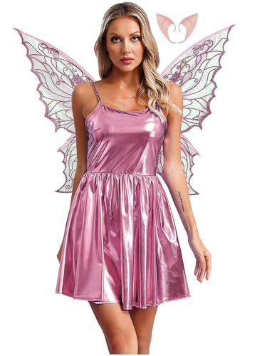 FEESHOW Damen Fee Kostüm Schmetterling Flügel Fee Ohren Metallic Holographic Mini Kleid Set Fasching Karneval Kostüm Party Outfit Rosa XXL von FEESHOW