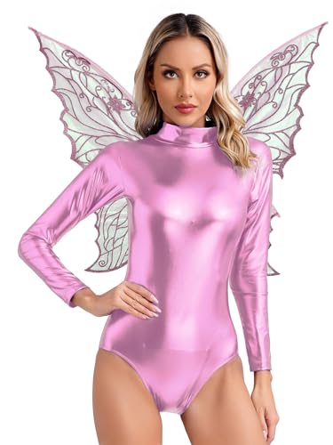 FEESHOW Damen Feenkostüm Glänzend Fee Schmetterling Flügel Und Glanz Holographic Body Fasching Karneval Kostüm Glitzer Party Outfit Rosa 3XL von FEESHOW