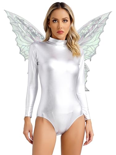 FEESHOW Damen Feenkostüm Glänzend Fee Schmetterling Flügel Und Glanz Holographic Body Fasching Karneval Kostüm Glitzer Party Outfit Silber 3XL von FEESHOW