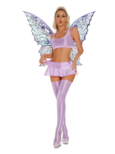 FEESHOW Damen Glitzer Fee Schmetterling Flügel Kostüm Und Glanz Nylon Strümpfe Top Rock 4er Set Fasching Kostüm Nymphe Cosplay Party Outfit Violett L von FEESHOW