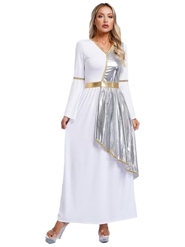 FEESHOW Damen Griechische Göttin Kostüm Antike Römische Göttin Kleid Tunika Mit Metallic-Auflage Frauen ägyptisches Kostüm für Karneval Fasching Silber M von FEESHOW