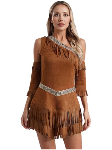 FEESHOW Damen Indianerin Kostüm Hippie Wildleder Kleid mit Fransen Wild Westen Indianer Kostüm Halloween Fasching Karneval Kostüm Braun 4XL von FEESHOW