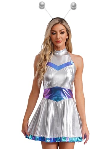 FEESHOW Damen Kostüm Alien Haarreif Space Girl Kleid Rückenfrei Set Glitzer Metallic Holograpfisch Weltall Kleid Halloween Faschingskostüme Party Outfit Blau L von FEESHOW