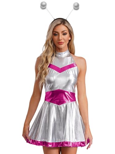 FEESHOW Damen Kostüm Alien Haarreif Space Girl Kleid Rückenfrei Set Glitzer Metallic Holograpfisch Weltall Kleid Halloween Faschingskostüme Party Outfit Hotpink XXL von FEESHOW