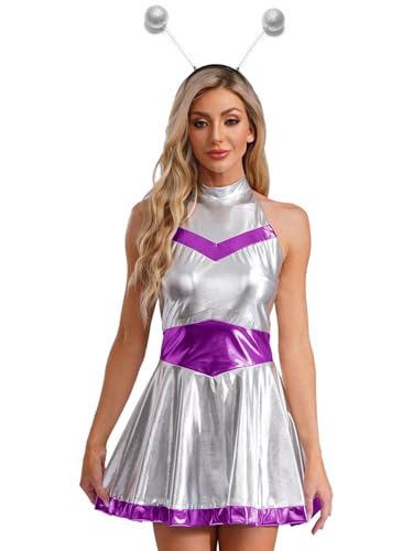 FEESHOW Damen Kostüm Alien Haarreif Space Girl Kleid Rückenfrei Set Glitzer Metallic Holograpfisch Weltall Kleid Halloween Faschingskostüme Party Outfit Violett L von FEESHOW