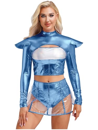 FEESHOW Damen Kostüm Alien Space Girl Kleid Karneval Glänzendes Metallisches Top Transparenter Mini Rock Fasching Kostüm Blau M von FEESHOW