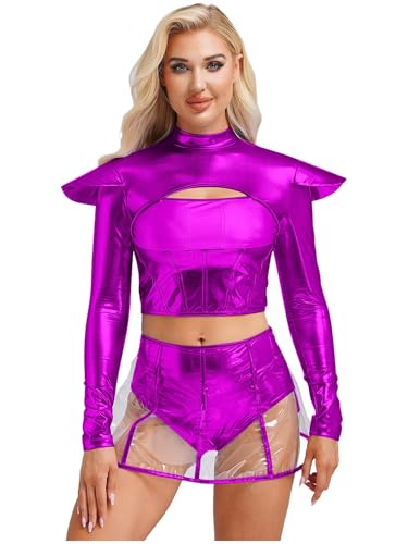 FEESHOW Damen Kostüm Alien Space Girl Kleid Karneval Glänzendes Metallisches Top Transparenter Mini Rock Fasching Kostüm Violett L von FEESHOW