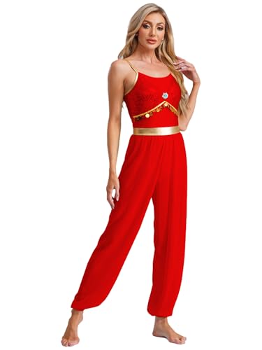 FEESHOW Damen Kostüm Arabische Prinzessin Halloween Fasching Kostüm Araber Märchen Prinzessin Cosplay Pailletten Overall Für Party Tanz Rot 3XL von FEESHOW