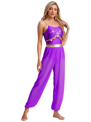 FEESHOW Damen Kostüm Arabische Prinzessin Halloween Fasching Kostüm Araber Märchen Prinzessin Cosplay Pailletten Overall Für Party Tanz Violett XL von FEESHOW