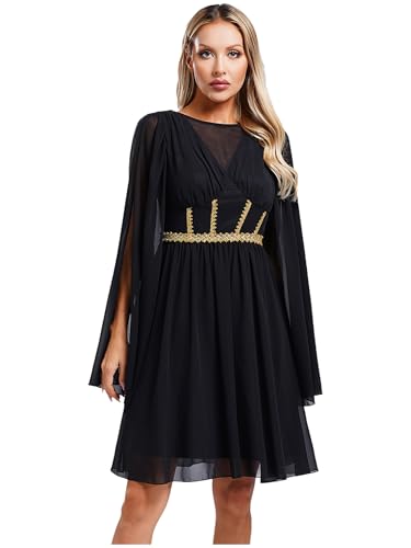 FEESHOW Damen Kostüm Athena Griechische Göttin Kleid Toga Langarm Mit Umhang Römerin Ägypten Cosplay Karneval Halloween Kostüm Partykleid Schwarz XXL von FEESHOW