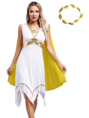 FEESHOW Damen Kostüm Athena Griechische Göttin Kleid Und Gold Lorbeer Kopfschmuck Römerin Ägypten Kostüm Karneval Halloween Gelb M von FEESHOW