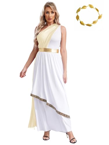 FEESHOW Damen Kostüm Athena Griechische Göttin Kleid Und Lorbeer Kopfschmuck Griechen Römerin Ägypten Kostüm Karneval Halloween Champagne S von FEESHOW