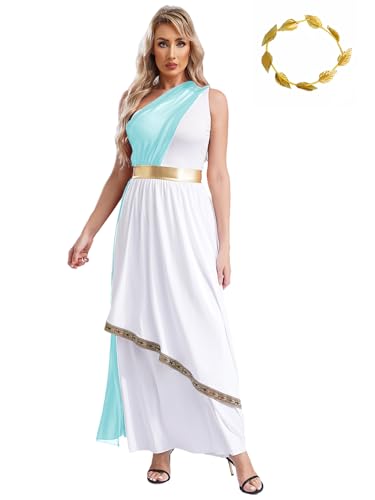 FEESHOW Damen Kostüm Athena Griechische Göttin Kleid Und Lorbeer Kopfschmuck Griechen Römerin Ägypten Kostüm Karneval Halloween Hellblau XXL von FEESHOW