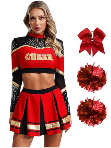 FEESHOW Damen Kostüm Cheer Leader Cheerleading Rock Langarm Crop Top Pompoms Socken Haarschmuck Set Für Fasching Halloween Party Rot M von FEESHOW