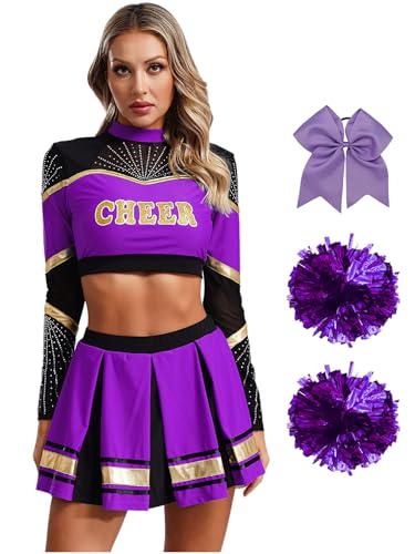 FEESHOW Damen Kostüm Cheer Leader Cheerleading Rock Langarm Crop Top Pompoms Socken Haarschmuck Set Für Fasching Halloween Party Violett L von FEESHOW