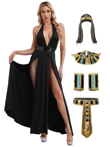 FEESHOW Damen Kostüm Kleopatra Ägyptische Göttin Kleid Kleopatra Perücke Kragen Gürtel Und Armbänder Erwachsene Fasching Karnevalskostüm Schwarz L von FEESHOW