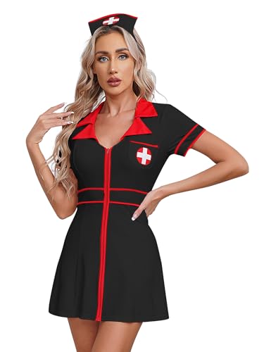 FEESHOW Damen Kostüm Krankenschwester Kleid Haarreif Set Halloween Karneval Party Outfit Pflegeuniform Doktor Cosplay Set Schwarz 4XL von FEESHOW