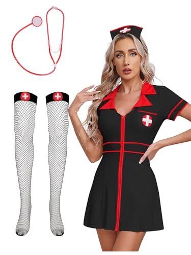 FEESHOW Damen Kostüm Krankenschwester Kleid Mit Stethoskop Häubchen Strümpfe Cosplay Set Für Erwachsene Halloween Fasching Party Schwarz XL von FEESHOW