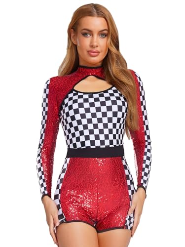 FEESHOW Damen Kostüm Rennfahrer Overall Halloween Faschingskostüme Racer Fahrer Outfit Karierter Pailletten Body FEESHOW Damen Kostüm Rennfahrer Overall Halloween Faschingskostüme Racer Fahrer Outfit Karierter Pailletten Body von FEESHOW