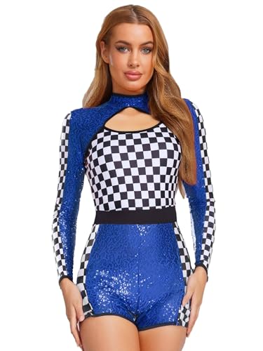 FEESHOW Damen Kostüm Rennfahrer Overall Halloween Faschingskostüme Racer Fahrer Outfit Karierter Pailletten Body FEESHOW Damen Kostüm Rennfahrer Overall Halloween Faschingskostüme Racer Fahrer Outfit Karierter Pailletten Body von FEESHOW
