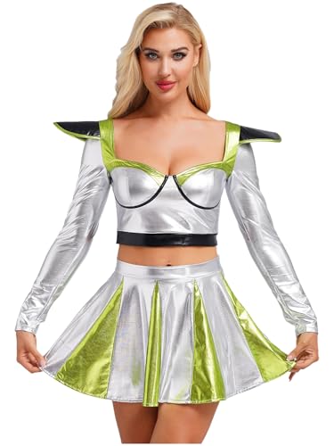 FEESHOW Damen Kostüm Space Girl Alien Holograpfisch Metallic Top Rock Set Karneval Party Festival Cheerleading Outfit Neongrün L von FEESHOW