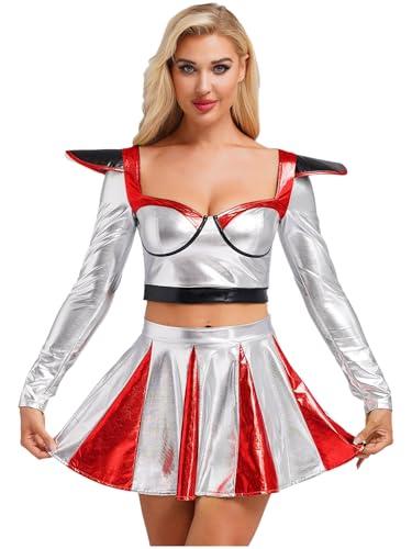 FEESHOW Damen Kostüm Space Girl Alien Holograpfisch Metallic Top Rock Set Karneval Party Festival Cheerleading Outfit Rot M von FEESHOW