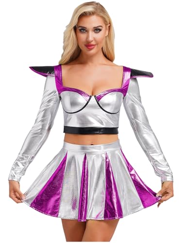 FEESHOW Damen Kostüm Space Girl Alien Holograpfisch Metallic Top Rock Set Karneval Party Festival Cheerleading Outfit Violett L von FEESHOW