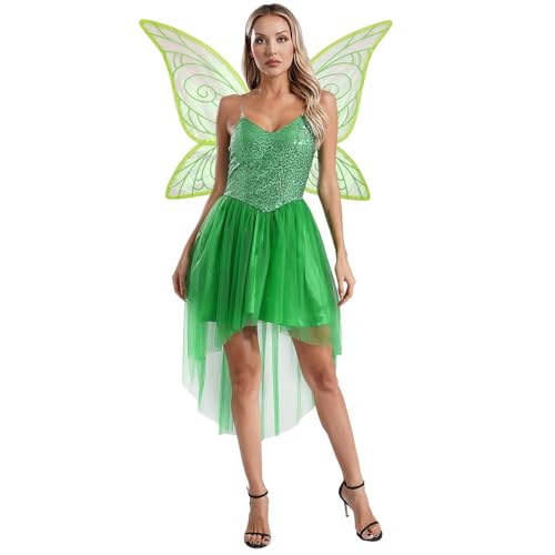 FEESHOW Damen Kostüm Fee Wald Elf Kleid Schmetterling Flügeln Set Halloween Fasching Kostüm Märchen Prinzessin Fabelwesen Cosplay Outfit Grün L von FEESHOW