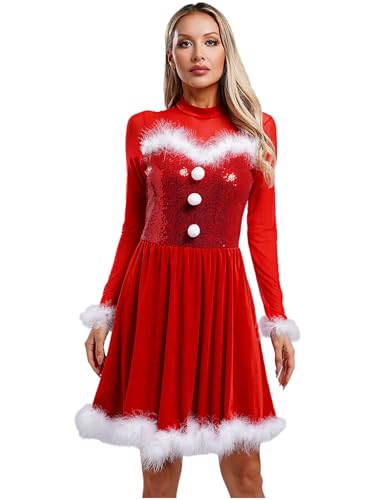 FEESHOW Damen Kostüm Weihnachten Elf Miss Santa Kleid Langarm Glitzer Pailletten Mesh Minikleid Weihnachtsparty Fasching Kleidunng Rot XL von FEESHOW