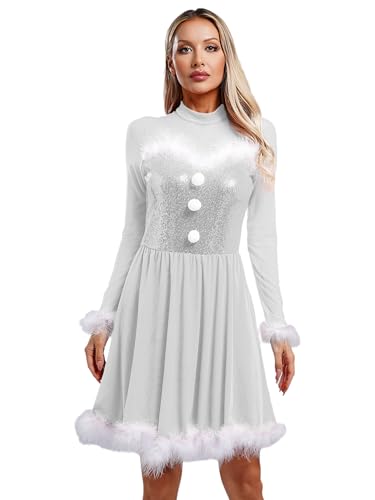 FEESHOW Damen Kostüm Weihnachten Elf Miss Santa Kleid Langarm Glitzer Pailletten Mesh Minikleid Weihnachtsparty Fasching Kleidunng Silber S von FEESHOW