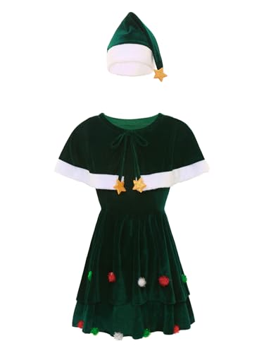 FEESHOW Damen Kostüm Weihnachten Elf Weihnachtsbaum Kleid Poncho Und Hut Set Weihnachtsfeier Partykleid Festkleid Grün L von FEESHOW