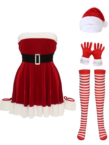 FEESHOW Damen Kostüm Weihnachtsfrau Miss Santa Kleid Schulterfrei Und Gürtel Mütze Strümpfe Leuchtend-Handschuhe Weihnachtskostüm Set Rot M von FEESHOW