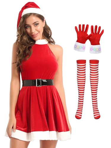 FEESHOW Damen Kostüm Weihnachtsfrau Miss Santa Kleid Und Gürtel Mütze Strümpfe Handschuhe 5er Set Frauen Weihnachtskostüm Rot 4XL von FEESHOW