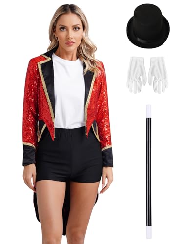 FEESHOW Damen Kostüm Zirkus Ringmaster Uniform Frack Glitzer Mantel Hut Handschuhe Und Zauberstab Set Halloween Karneval Kostüm Rot 3XL von FEESHOW