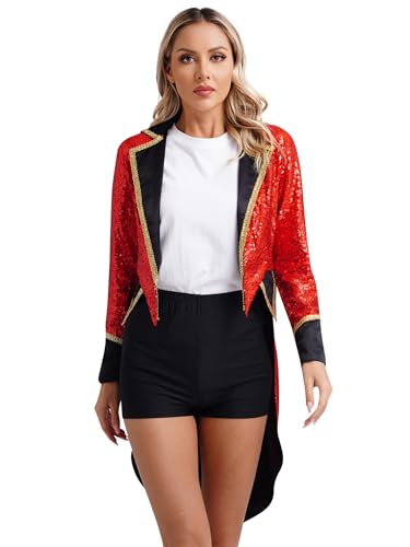 FEESHOW Damen Kostüm Zirkusdirektor Jacke Glitzer Pailletten Frack Vintage Mittelalter Karneval Fasching Kostüm Husar Schlagzeuger Uniform Mantel Rot L von FEESHOW