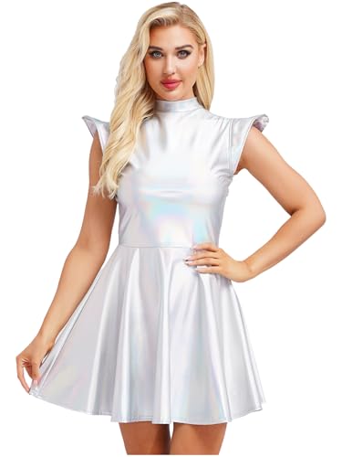 FEESHOW Damen Metallic Kleid Glänzende Minikleid A-Linie Glitzer Partykleid Tanzkleid Disco Karnevalskostüm Rave Festival Clubwear Holografisch XXL von FEESHOW